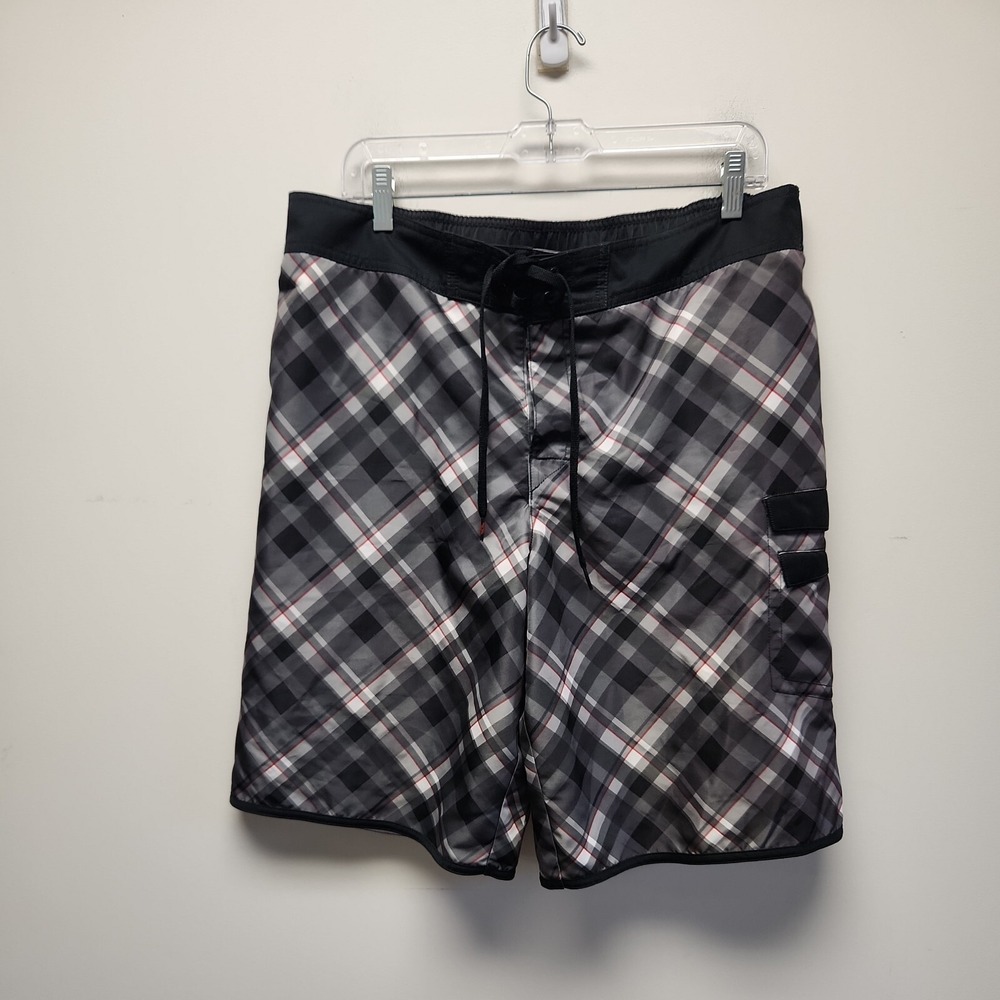 Hawk‎ Men's L  Flat Front Shorts Check Plaid Pockets Gray Skate